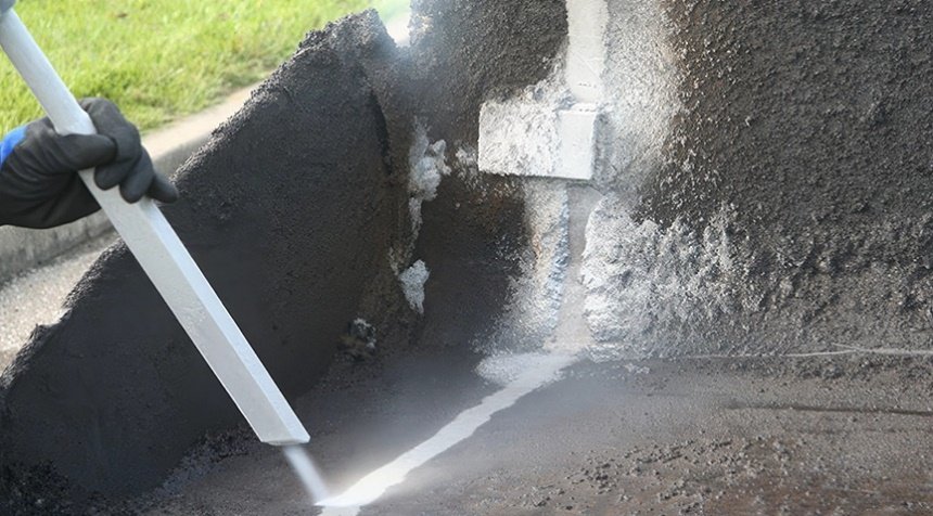 Técnico eliminando acumulaciones de carbono y aceite con un sistema de limpieza con hielo seco